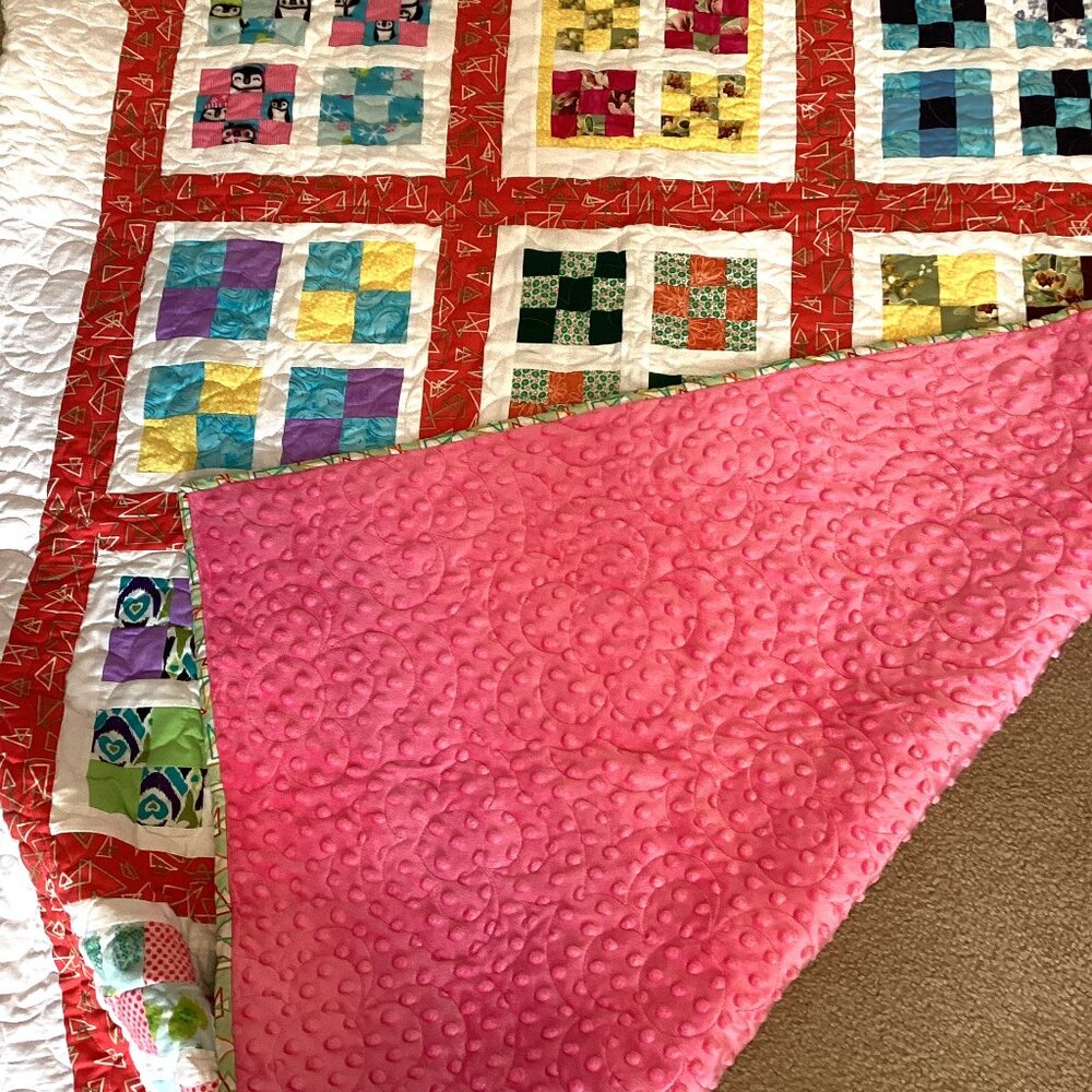Handmade Finished Quilted Quilt Throw Blanket Pink Minky Cotton 62" x 51" - Picture 7 of 9
